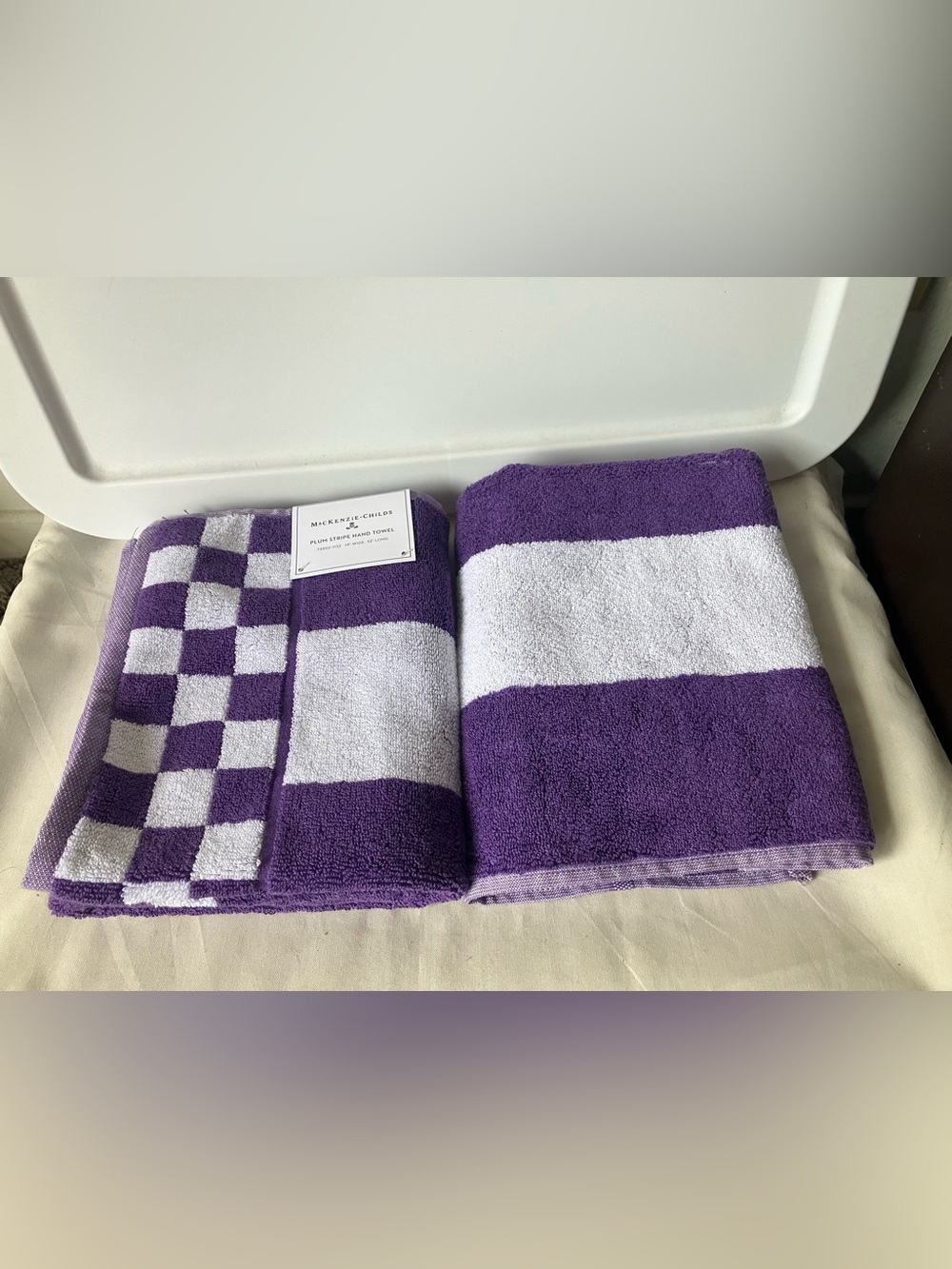 MacKenzie-Childs 2 Two Lot White Plum Stripe Check Cotton Hand Towels.